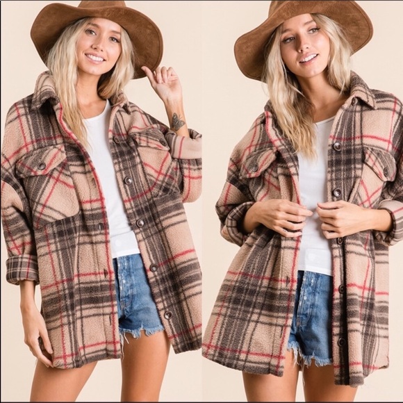 Taupe Plaid Boxy Oversized Fleece Shirt Jacket - Picture 2 of 5